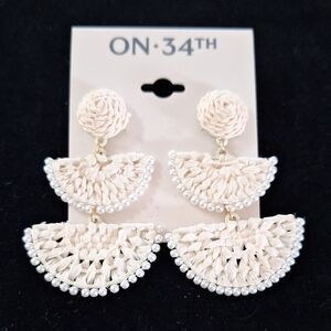 Cream Woven Raffia Drop Tower Earrings Hardware Goldtone, ON 34TH